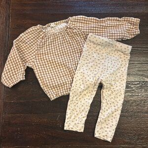 Quincy Mae Tan Gingham Top and Cream Star Soft Knit Leggings